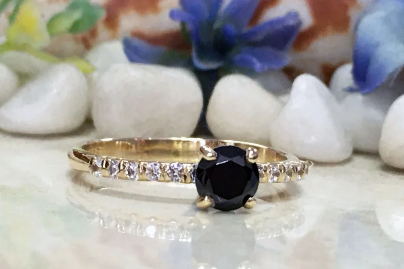 Sapphire Gemstone Rings in a Cathedral SettingBlack Onyx Ring - December Birthstone - Round Black Onyx Gemstone Ring with Clear Quartz Accents