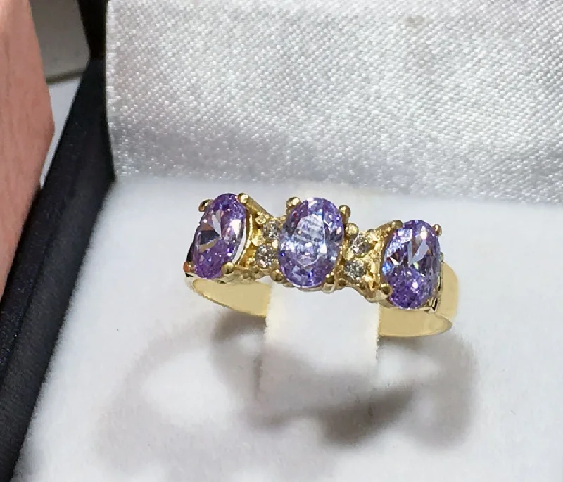 Amethyst Gemstone Rings in a Vintage - Style SettingLavender Amethyst Ring - Ring with Three Oval Lavender Amethyst Gemstones and Clear Quartz Accents