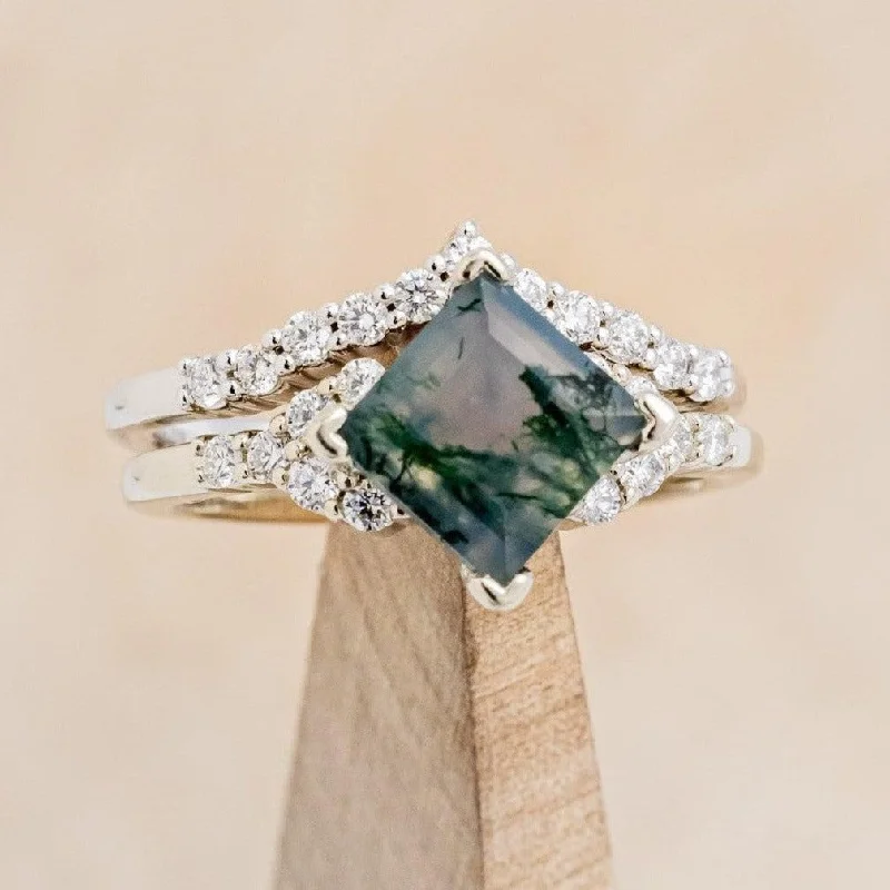 "LAYLA" - PRINCESS CUT MOSS AGATE ENGAGEMENT RING WITH DIAMOND ACCENTS & TRACER