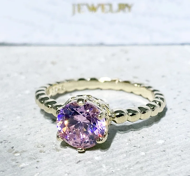 Amethyst Gemstone Rings in a Vintage - Style SettingRose Quartz Ring - October Birthstone Jewelry - Beaded Band Ring with Round Rose Quartz Gemstone