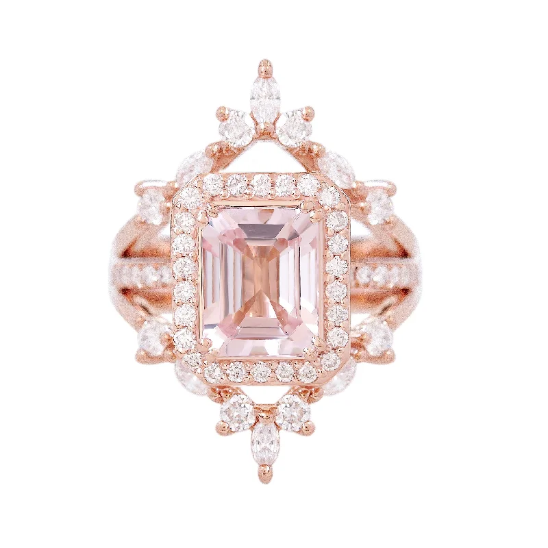 Sapphire Gemstone Rings in a Cathedral SettingEmerald Cut Morganite & Diamond Halo Bridal Ring Set, Naomi ♥