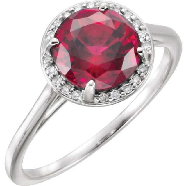 Ruby Gemstone Rings with Diamond Accents14k Gold Lab Grown 8mm Round Ruby & Diamond Halo Ring