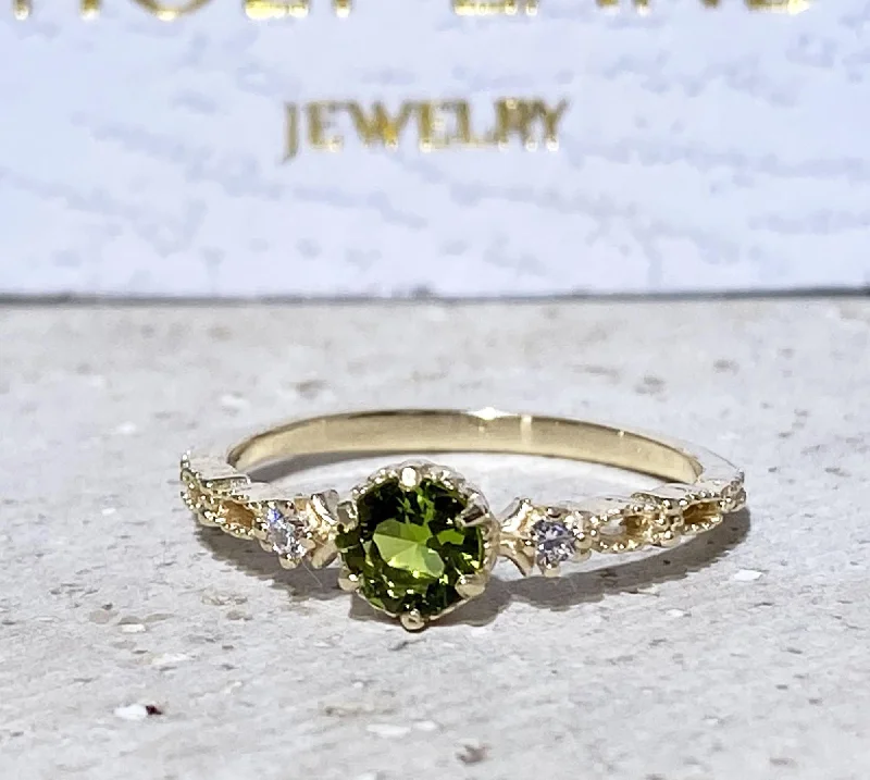 Amethyst Gemstone Rings in a Vintage - Style SettingPeridot Ring - August Birthstone - Delicate Ring with Round Peridot Gemstone and Clear Quartz Accents