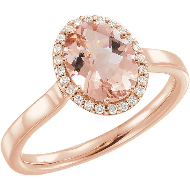 Sapphire Gemstone Rings in a Cathedral Setting14k Rose Gold Oval Morganite & 1/8 CTW Diamond Halo Ring