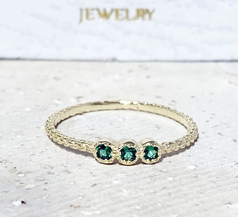 Amethyst Gemstone Rings in a Vintage - Style SettingEmerald Ring - May Birthstone Jewelry - Delicate Stacking Ring with Three Round Emeralds