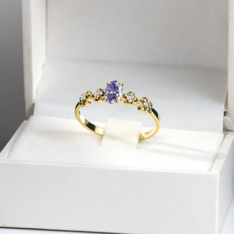 Multi - Gemstone Rings with a Rainbow of ColorsLavender Amethyst Ring - Oval Lavender Amethyst Gemstone Flower Setting Delicate Ring with Clear Quartz Accents