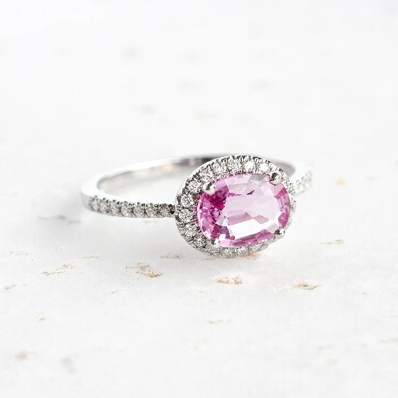 Multi - Gemstone Rings with a Rainbow of ColorsPink Sapphire & Diamond Halo, East West engagement ring - Ivy ♥