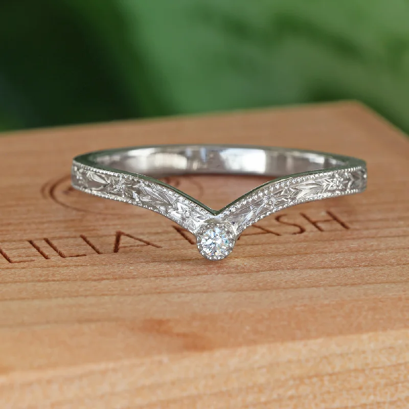 Matching Wedding Bands for a Coordinated LookPlatinum Diamond Solitaire Wishbone Ring with Orange Blossom Engraving