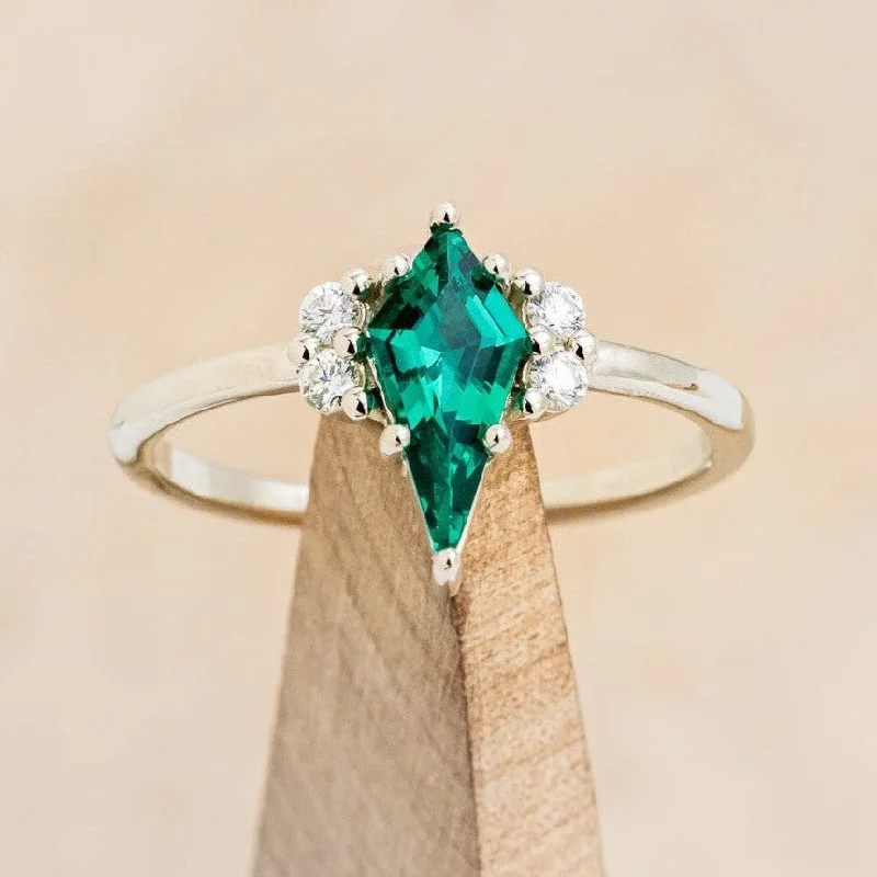 "EMMY" - KITE CUT LAB-GROWN EMERALD ENGAGEMENT RING WITH DIAMOND ACCENTS