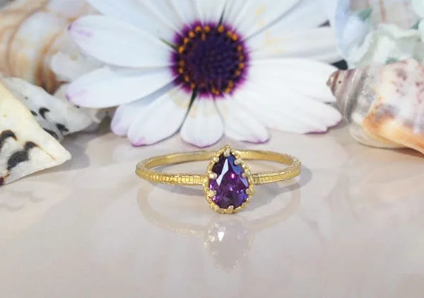 Ruby Gemstone Rings with Diamond AccentsPurple Amethyst Ring - February Birthstone - Delicate Hammered Ring with Pear-Shaped Purple Amethyst Gemstone