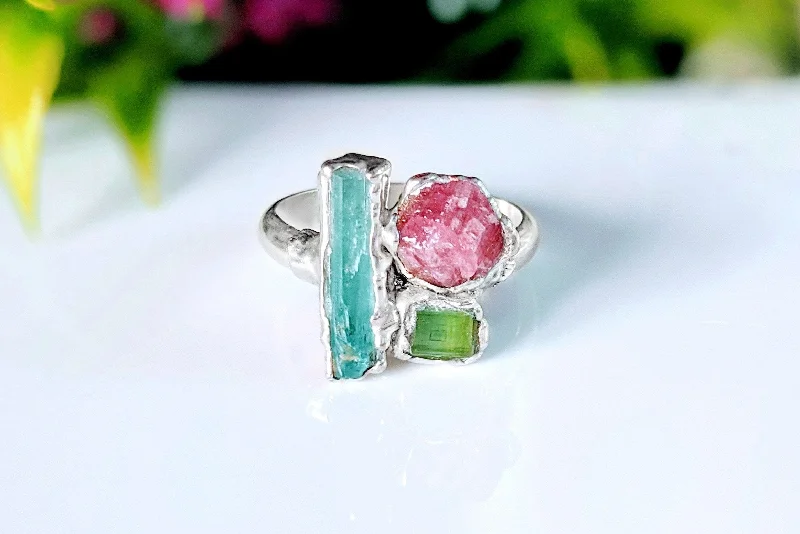 Emerald Gemstone Rings with Filigree - Bordered SettingsRaw Tourmaline Multi-stone cluster ring