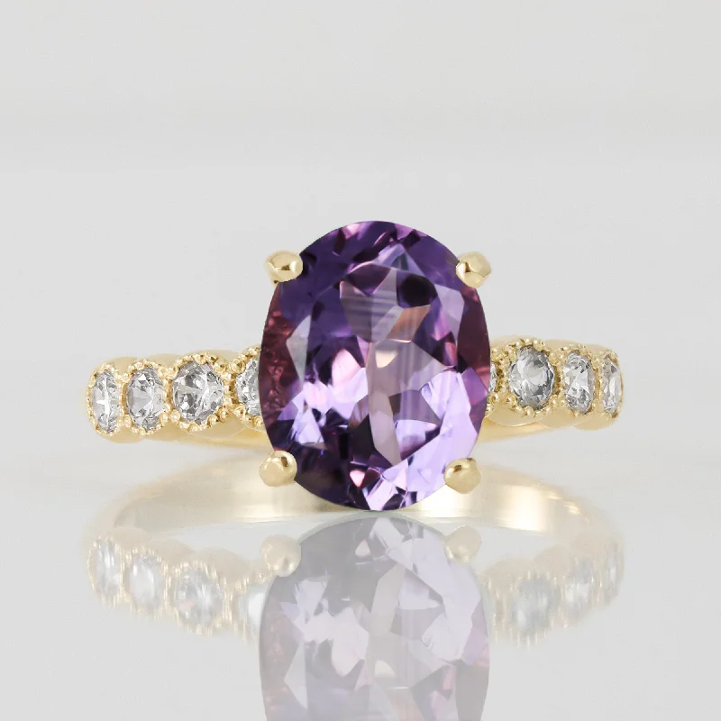 Sapphire Gemstone Rings in a Cathedral SettingPurple Amethyst Ring - February Birthstone - Oval Purple Amethyst Gemstone Statement Engagement Ring with Clear Quartz Accents