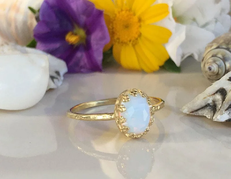 Emerald Gemstone Rings with Filigree - Bordered SettingsOpalite Ring - Delicate Hammered Oval Crown Ring with Opalite Gemstone