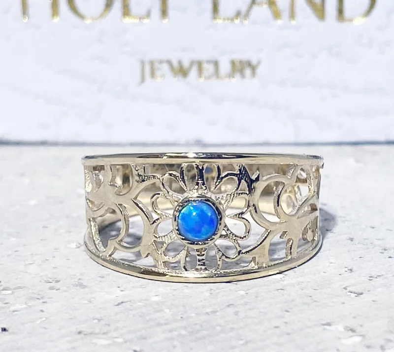 Emerald Gemstone Rings with Filigree - Bordered SettingsBlue Opal Ring - October Birthstone Jewelry - Lace Wide Band Ring with Blue Opal Gemstone