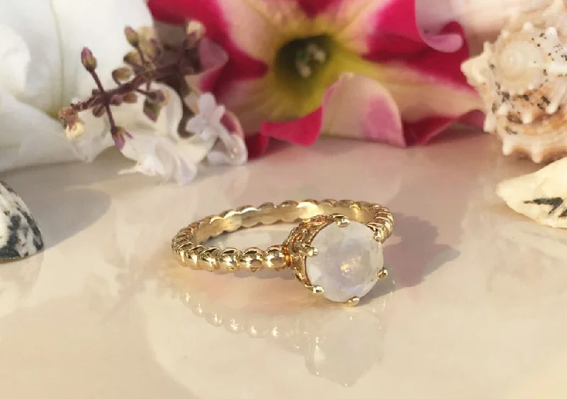 Multi - Gemstone Rings with a Rainbow of ColorsRainbow Moonstone Ring - June Birthstone - Round Rainbow Moonstone Vintage Beaded Band Ring