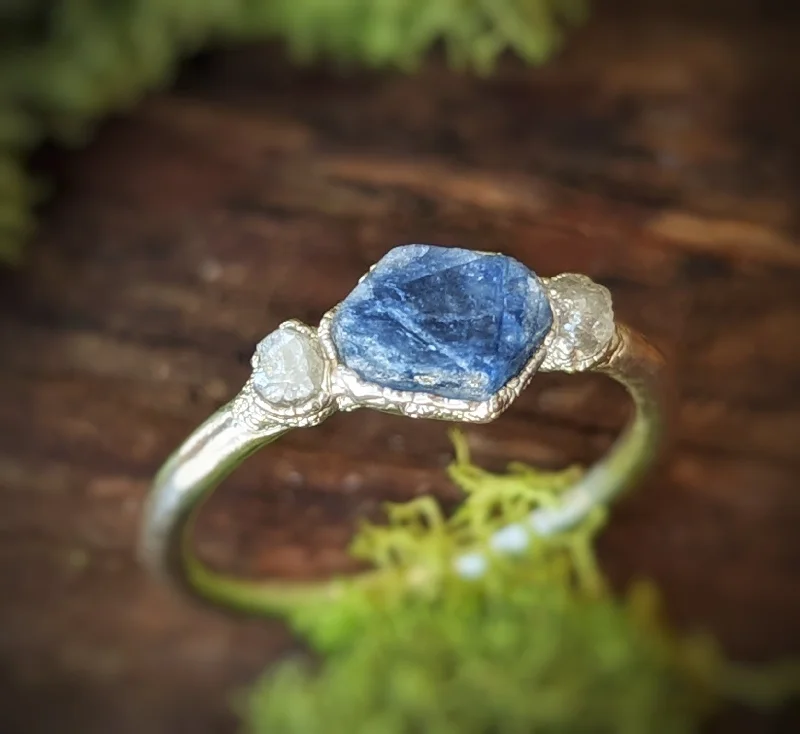 Sapphire Gemstone Rings in a Cathedral SettingRaw Sapphire & rough diamond ring