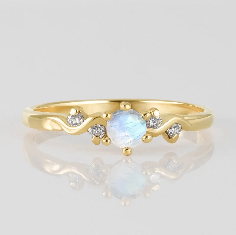 Ruby Gemstone Rings with Diamond AccentsRainbow Moonstone Ring - June Birthstone - Delicate Ring with Round Rainbow Moonstone and Clear Quartz Accents