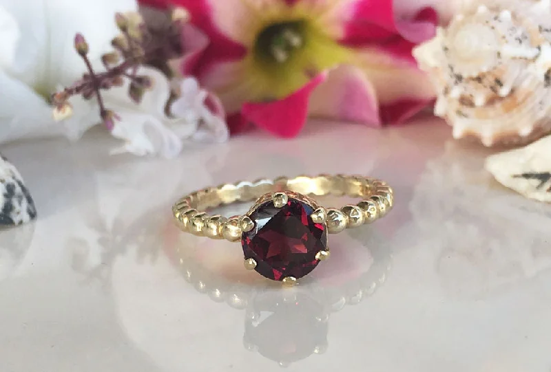 Emerald Gemstone Rings with Filigree - Bordered SettingsRed Garnet Ring - January Birthstone - Beaded Band Ring with Round Red Garnet Gemstone