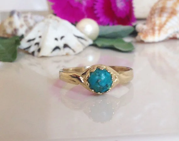 Emerald Gemstone Rings with Filigree - Bordered SettingsGreen Turquoise Ring - December Birthstone - Simple Ring with Round Green Turquoise Gemstone