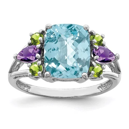 Sapphire Gemstone Rings in a Cathedral SettingSterling Silver Ant. Cushion Swiss Blue Topaz, Amethyst & Peridot Ring