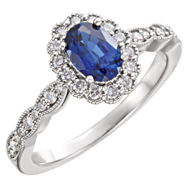 Amethyst Gemstone Rings in a Vintage - Style Setting14k White Gold Oval Created Blue Sapphire & Diamond Halo Ring