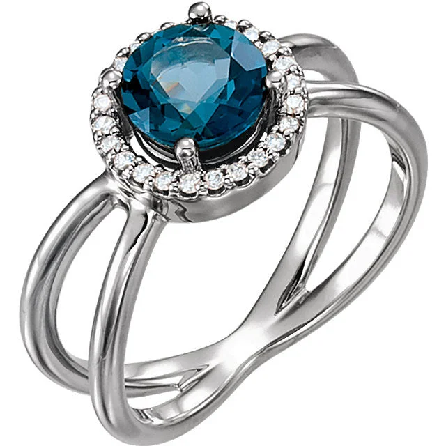 Emerald Gemstone Rings with Filigree - Bordered Settings14k Gold London Blue Topaz & 1/8 CTW Diamond Halo-Style X Band Ring