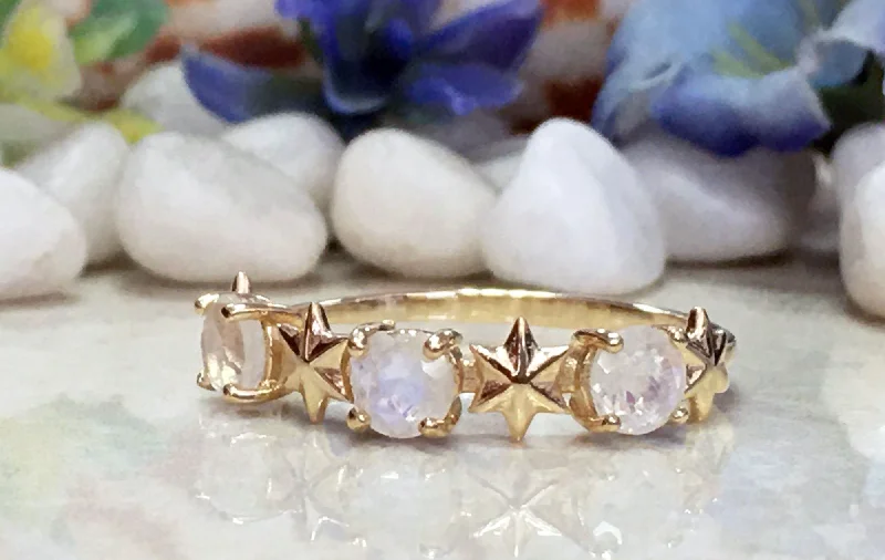 Sapphire Gemstone Rings in a Cathedral SettingRainbow Moonstone Ring - June Birthstone - Delicate Ring with Three Rainbow Moonstones and Star Accents