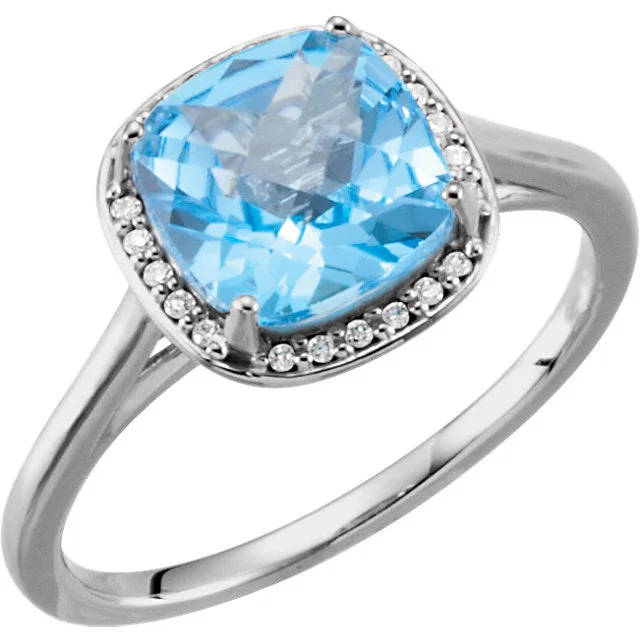 Sapphire Gemstone Rings in a Cathedral Setting14k Gold 8mm Cushion Cut Swiss Blue Topaz & Diamond Halo Ring