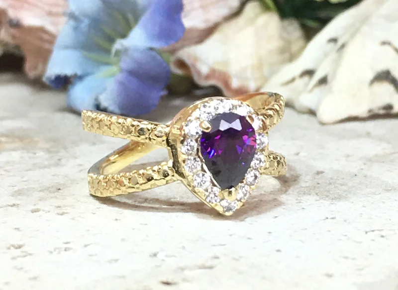 Amethyst Gemstone Rings in a Vintage - Style SettingPurple Amethyst Ring - February Birthstone - Pear-Shaped Purple Amethyst Gemstone Statement Engagement Ring with Clear Quartz Halo