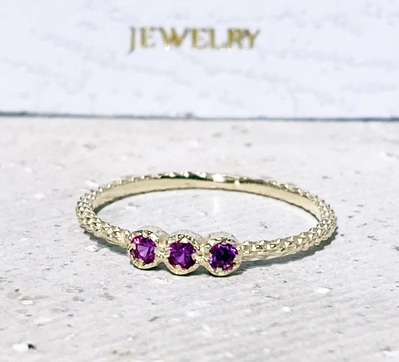 Multi - Gemstone Rings with a Rainbow of ColorsRuby Ring - July Birthstone Jewelry - Tiny Stacking Ring with Three Round Ruby Gemstones