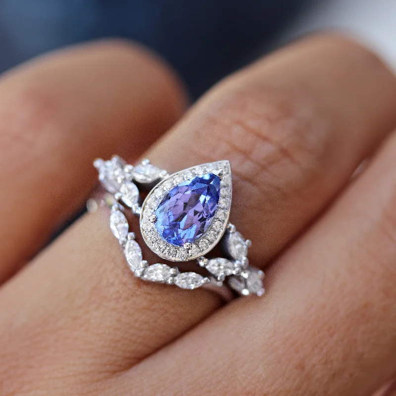 Multi - Gemstone Rings with a Rainbow of ColorsPear Tanzanite & Diamonds Unique Engagement Ring Set - "Muse" ♥