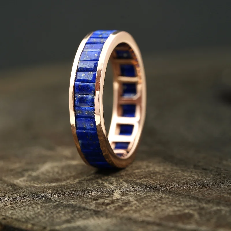 Two - Tone Wedding Bands in Gold and PlatinumBaguette Cut Lapis lazuli Gemstone Channel Set Wedding Band