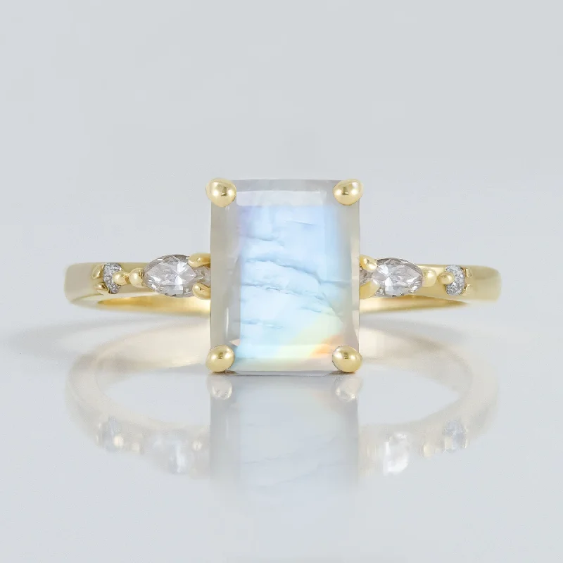 Multi - Gemstone Rings with a Rainbow of ColorsRainbow Moonstone Ring - June Birthstone - Ring with Octagon Rainbow Moonstone and Marquise/Round Clear Quartz Accents