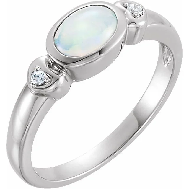 Sapphire Gemstone Rings in a Cathedral Setting14k White Gold Bezel Oval Genuine Australian Opal & Diamond Hearts Ring