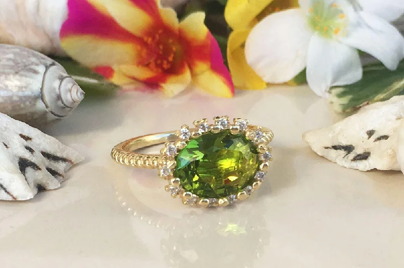 Multi - Gemstone Rings with a Rainbow of ColorsPeridot Ring - August Birthstone - Statement Engagement Ring with Oval Peridot Gemstone and Clear Quartz Halo