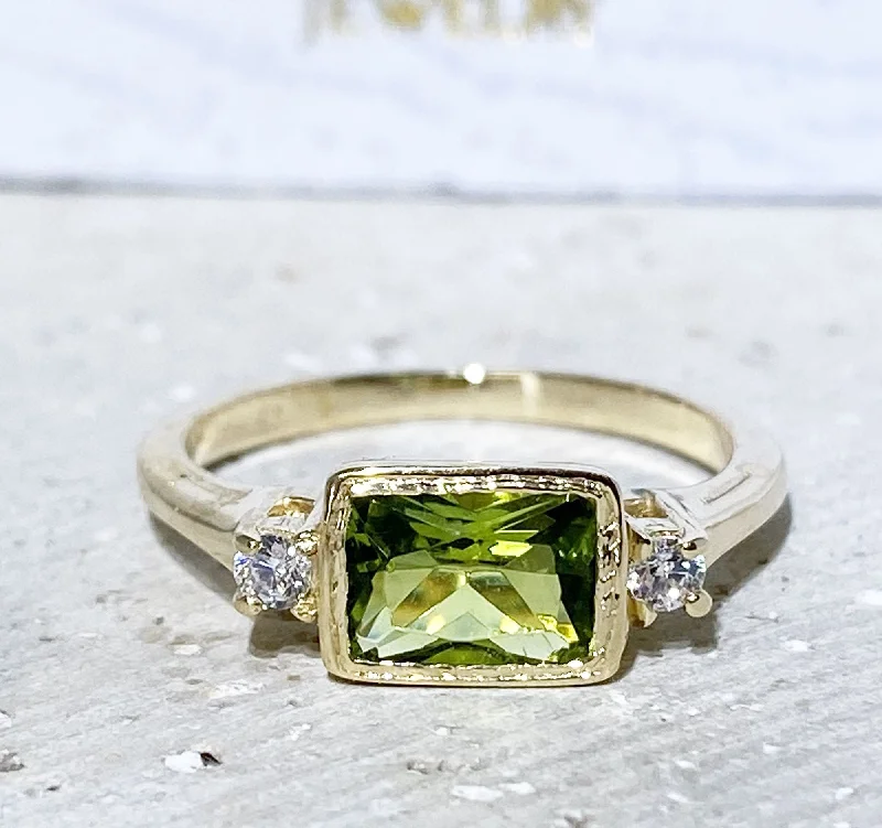 Ruby Gemstone Rings with Diamond AccentsPeridot Ring - August Birthstone - Simple Ring with Octagon Peridot Gemstone and Clear Quartz Accents