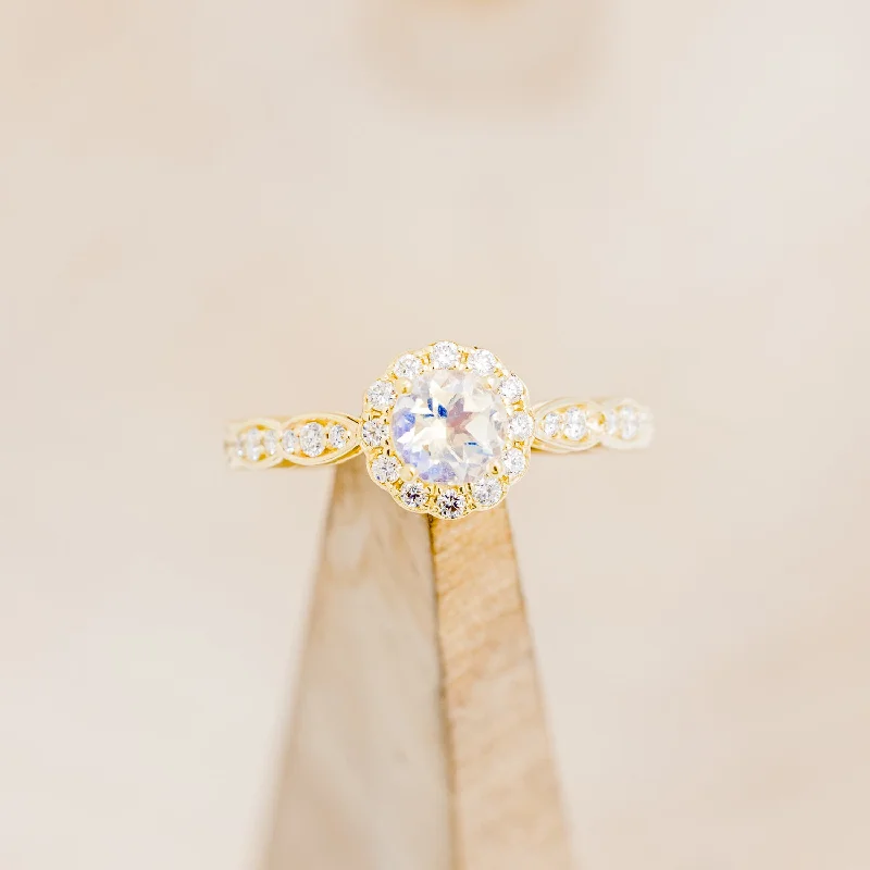 "DAISY" - ROUND CUT MOONSTONE ENGAGEMENT RING WITH DIAMOND HALO & ACCENTS