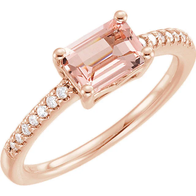 Amethyst Gemstone Rings in a Vintage - Style Setting14k Rose Gold Rectangular Octagon Morganite & 1/10 CTW Diamond Ring