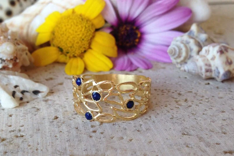 Ruby Gemstone Rings with Diamond AccentsLapis Lazuli Ring - Lace Wide Band Ring with 4 Small Lapis Lazuli Gemstones