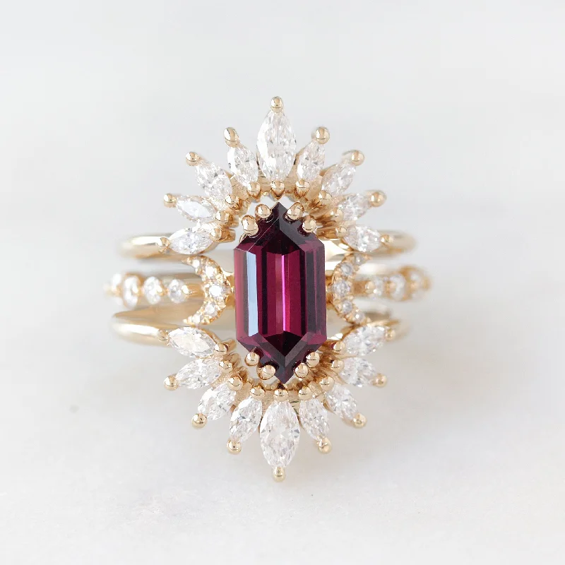 Multi - Gemstone Rings with a Rainbow of ColorsLong hexagon Rhodolite and Sunburst Nesting rings diamonds three ring set