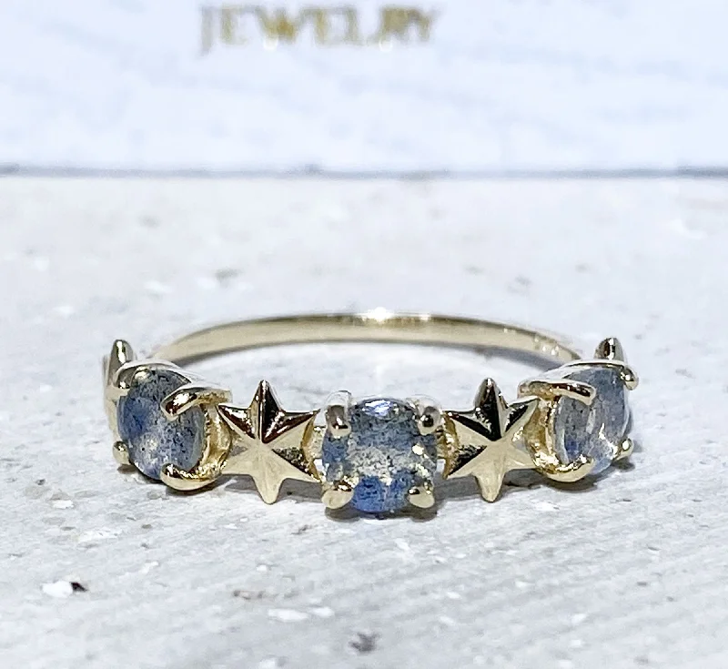 Ruby Gemstone Rings with Diamond AccentsLabradorite Ring - Delicate Ring with Three Labradorite Gemstones and Star Accents