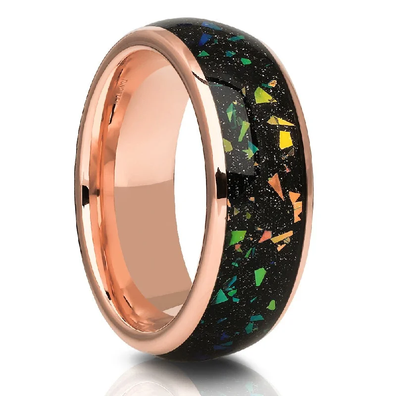 Sapphire Gemstone Rings in a Cathedral SettingTungsten Carbide Wedding Ring 8Mm Abalone Inlay Rose Gold Comfort Fit