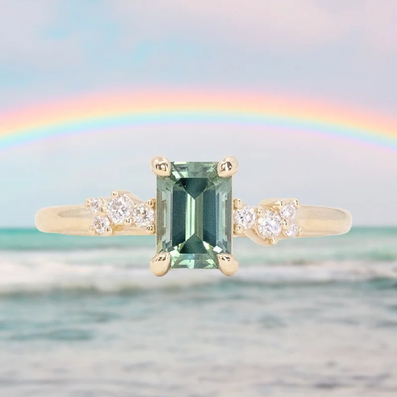 Emerald Gemstone Rings with Filigree - Bordered Settings1.13ct Emerald Cut Seafoam Teal Australian Sapphire and Diamond Starry Night Low Profile Solitaire in 14k Yellow Gold