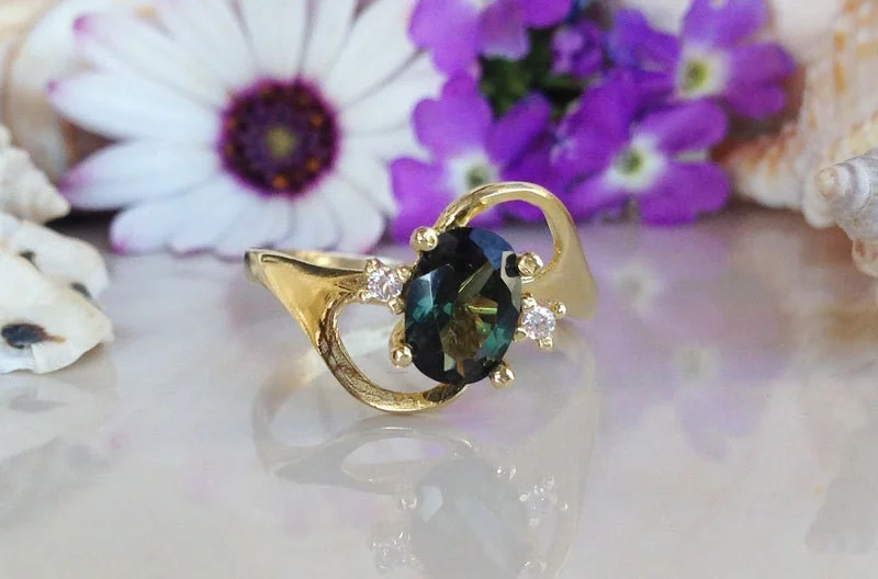 Multi - Gemstone Rings with a Rainbow of ColorsGreen Tourmaline Ring - Delicate Ring with Oval Green Tourmaline Gemstone and Clear Quartz Accents