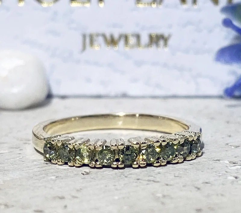 Ruby Gemstone Rings with Diamond AccentsPeridot Ring - August Birthstone - Stacking Half Eternity Ring with Nine Round Peridot Gemstones