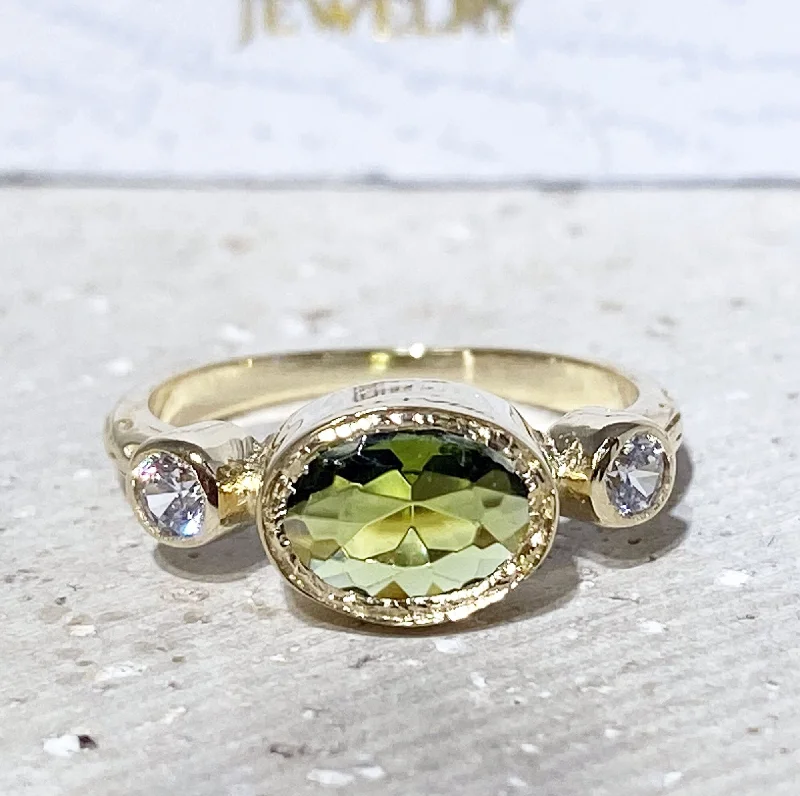 Emerald Gemstone Rings with Filigree - Bordered SettingsPeridot Ring - August Birthstone - Bezel Set Ring with Oval Peridot Gemstone and Clear Quartz Accents