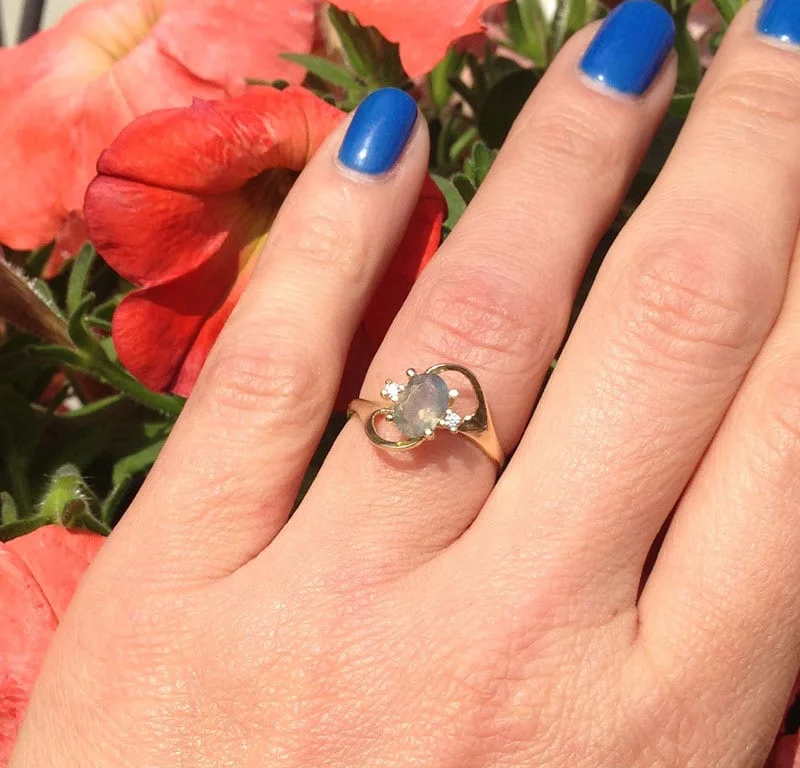 Sapphire Gemstone Rings in a Cathedral SettingLabradorite Ring - Delicate Ring with Oval Labradorite Gemstone and Clear Quartz Accents