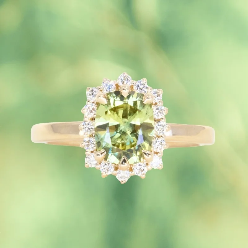 Multi - Gemstone Rings with a Rainbow of Colors1.64ct Elongated Cushion Cut Green Montana Sapphire Antique-Style Diamond Halo Ring in 14k Green Gold