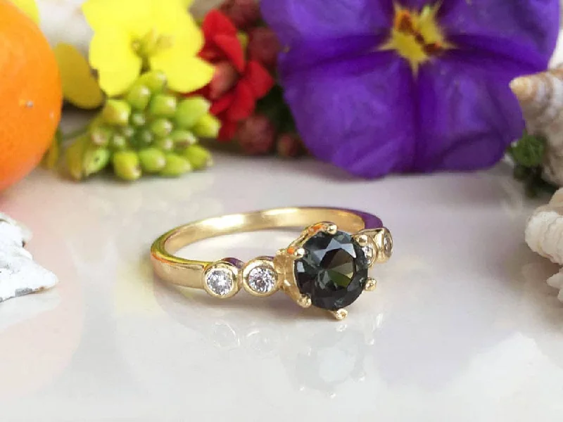 Sapphire Gemstone Rings in a Cathedral SettingGreen Tourmaline Ring - Delicate Ring with Round Green Tourmaline Gemstone and Clear Quartz Accents