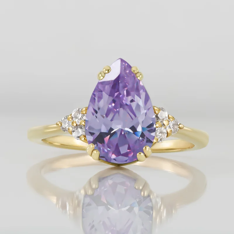 Amethyst Gemstone Rings in a Vintage - Style SettingLavender Amethyst Ring - Pear-Shaped Lavender Amethyst Gemstone Statement Engagement Ring with Clear Quartz Accents